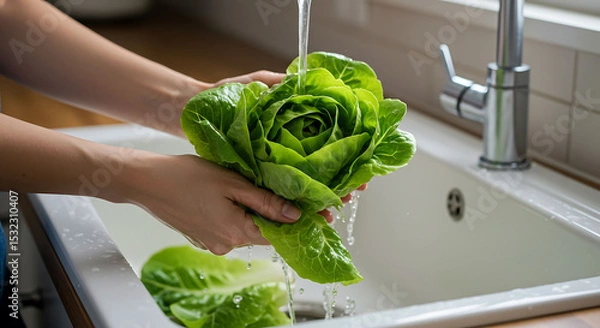 Obraz Fresh Green Lettuce Being Washed Under Running Water in Kitchen Sink
