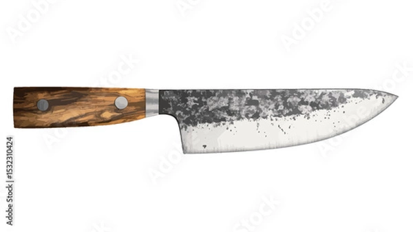 Fototapeta High-angle, close-up studio shot of a handcrafted forged steel kitchen knife against a pure white background. The knife features a textured, grey-toned steel blade with a visible hammered finish,