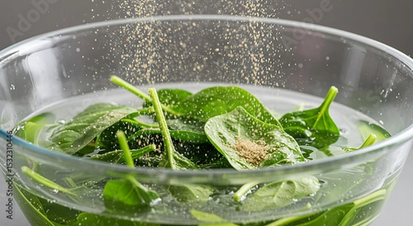 Obraz Fresh Spinach Leaves in Water with Seasoning Falling into Glass Bowl