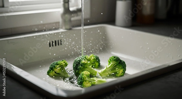 Obraz Fresh Broccoli Florets Being Washed Under Running Water in a Kitchen Sink