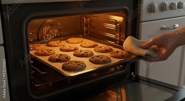 Obraz Warm, freshly baked chocolate chip cookies being removed from a hot oven.