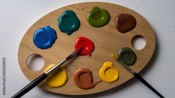 Obraz A wooden palette with multiple circular blobs of paint in various colors