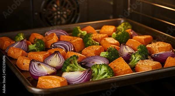 Obraz Roasted Sweet Potatoes, Red Onions, and Broccoli in Oven, Culinary Delight.