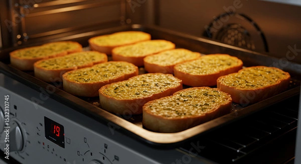 Obraz Golden Garlic Bread Baking in Oven, Close-Up with Warm Lighting and Details