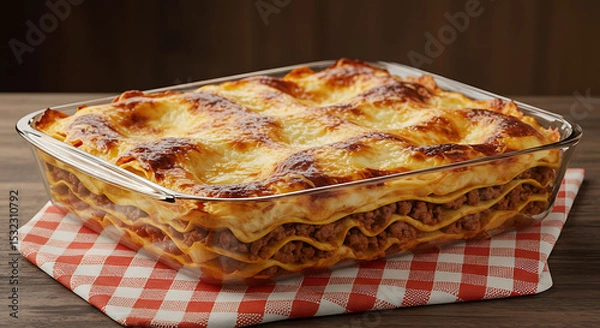Obraz Delicious Baked Lasagna in Glass Dish on Red and White Checkered Napkin