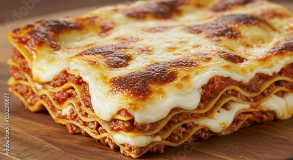 Obraz Delicious, layered lasagna with melted cheese, rich sauce, and savory meat filling.