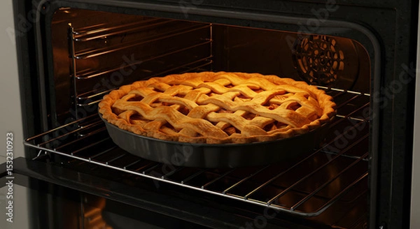 Obraz Golden Lattice-Topped Apple Pie Baking Inside a Warm Oven