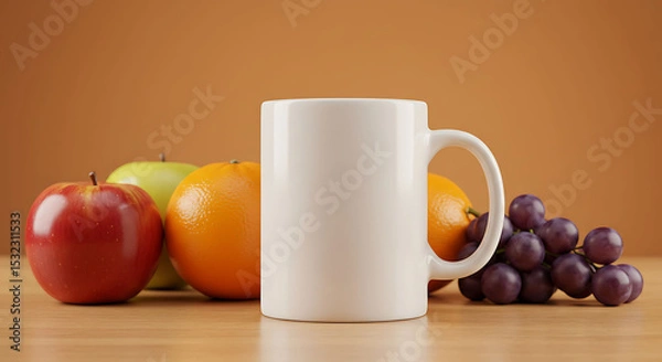 Obraz White Mug with Fresh Fruits on Wooden Table, Orange Background.