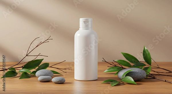 Obraz Minimalist White Bottle with Natural Elements on Wooden Surface, Soft Lighting