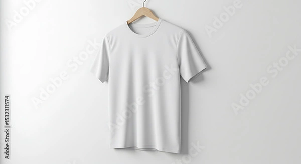 Obraz Clean White T-Shirt Mockup on Wooden Hanger Against White Wall