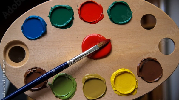 Obraz A wooden palette with multiple circular blobs of paint in various colors