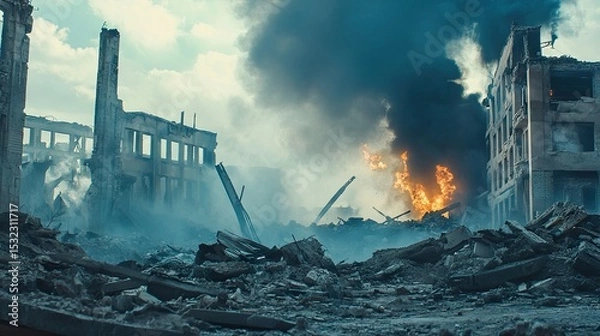 Obraz Destroyed building infrastructure from explosion pressure