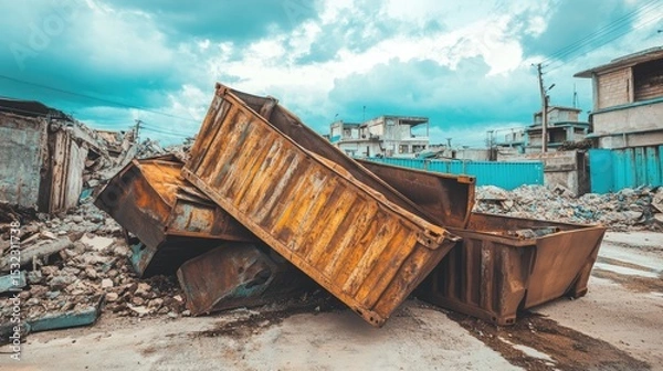 Obraz Displaced steel containers after massive blast wave
