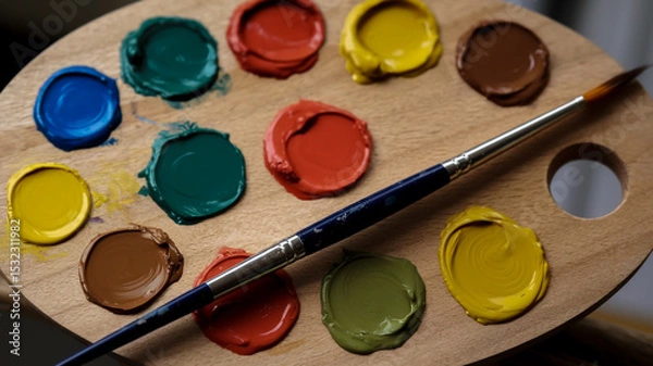 Obraz A wooden palette with multiple circular blobs of paint in various colors