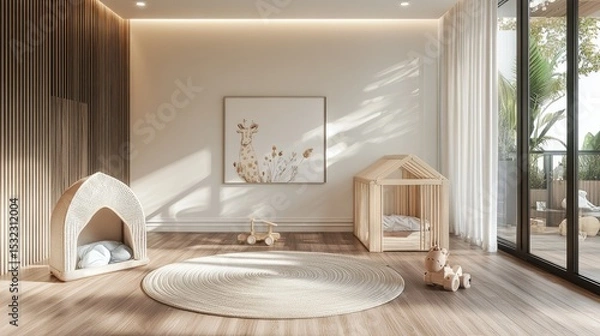 Obraz Ggumbi playpen in neutral tones on hardwood floor, perfect for modern homes
