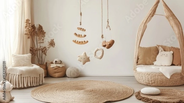 Obraz Light-filled room with floating mobile toy and multifunctional Cushoion laid nearby