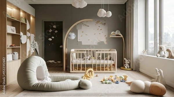Obraz Modern play space featuring baby cushion with waterproof backing and mobile toy setup