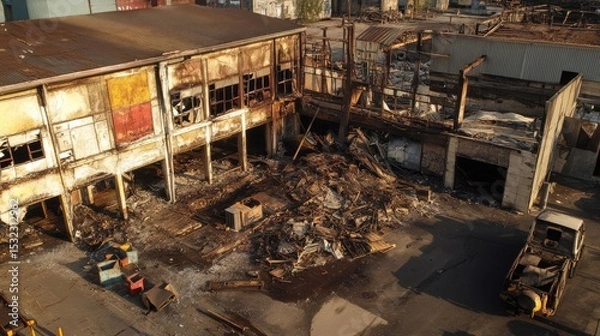Obraz Overhead view of warehouse destruction from blast
