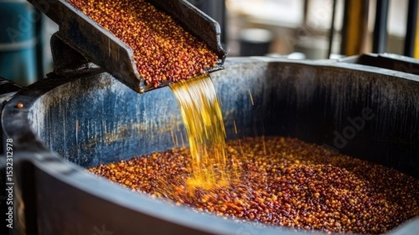 Obraz Palm oil extraction process with seeds, pulp, and oil