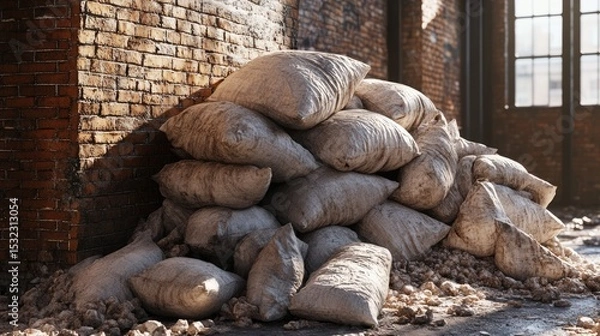Obraz Pile of ammonium nitrate sacks in abandoned factory