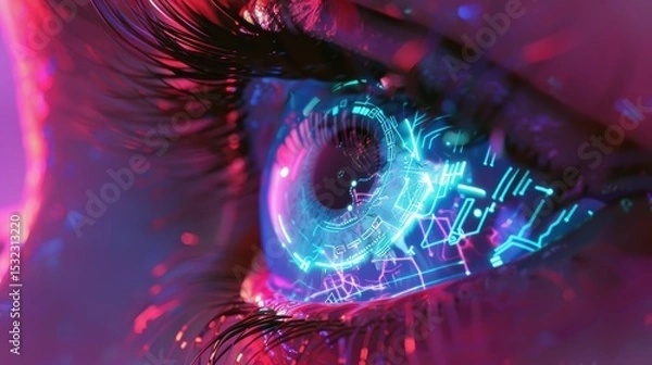 Obraz Futuristic digital eye with neon circuits and holographic interface representing artificial intelligence and cyberpunk technology