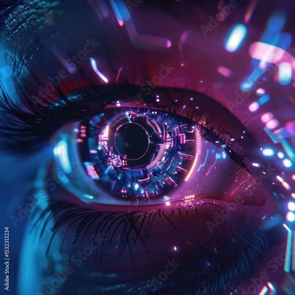 Fototapeta Futuristic digital eye with neon circuits and holographic interface representing artificial intelligence and cyberpunk technology