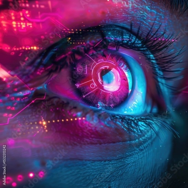 Obraz Futuristic digital eye with neon circuits and holographic interface representing artificial intelligence and cyberpunk technology