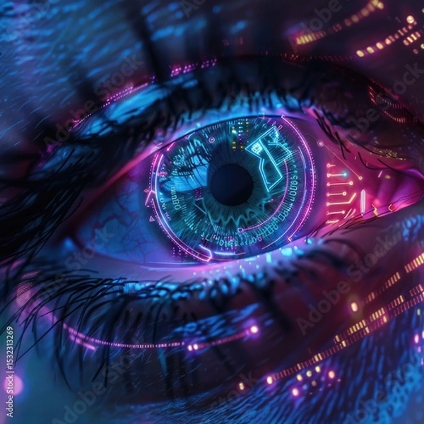Obraz Futuristic digital eye with neon circuits and holographic interface representing artificial intelligence and cyberpunk technology