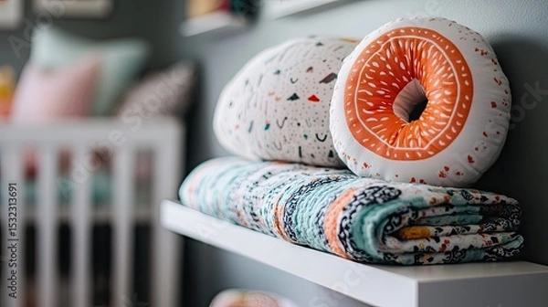 Obraz White nursery shelf featuring a Hopo pillow folded neatly beside baby blankets