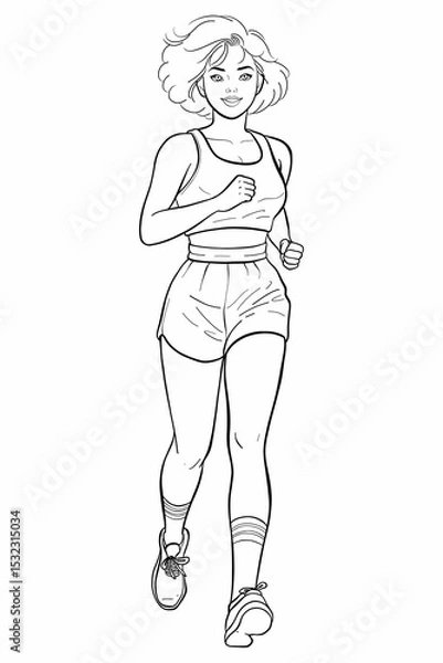 Obraz This line art sketch features an athletic girl jogging, embodying a healthy lifestyle. The female runner wears workout clothes with a smiling, energetic expression.