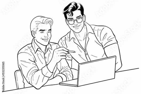 Obraz Black and white line art illustration depicts two smiling men collaborating on a laptop. One man points to the screen, suggesting discussion or instruction, while the other listens attentively.