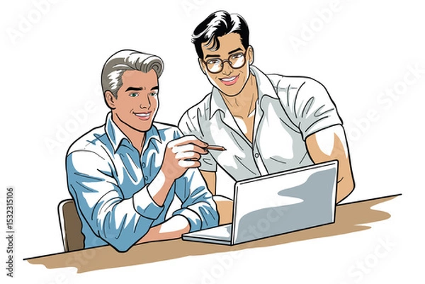 Obraz Color illustration depicts two smiling men collaborating on a laptop. One man points to the screen, suggesting discussion or instruction, while the other listens attentively.