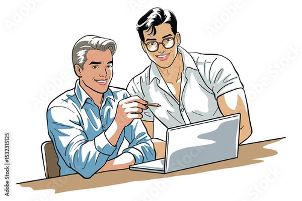 Obraz Color illustration depicts two smiling men collaborating on a laptop. One man points to the screen, suggesting discussion or instruction, while the other listens attentively.