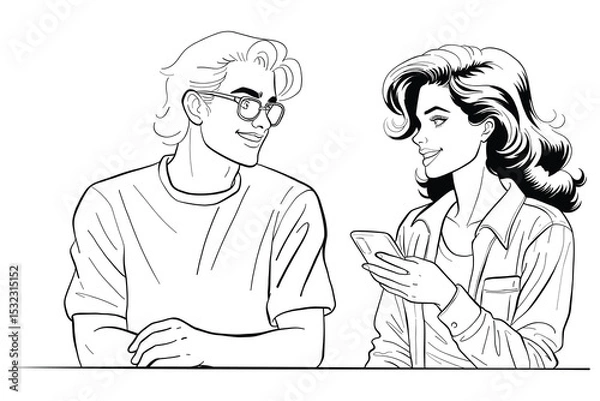 Obraz Black and white line art illustration depicts a smiling man and woman interacting. The woman holds a smartphone, while the man looks at her, suggesting a casual conversation or shared moment.