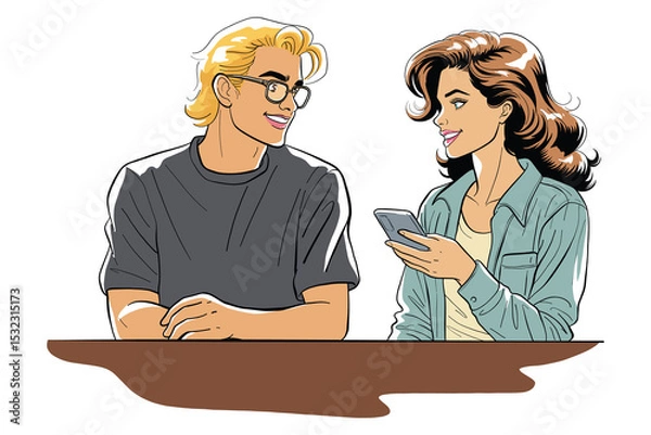 Obraz Color cartoon illustration depicts a smiling man and woman interacting. The woman holds a smartphone, while the man looks at her, suggesting a casual conversation or shared moment.