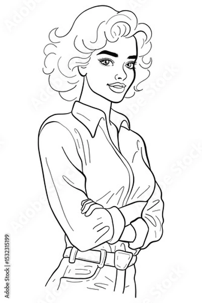 Obraz Confident elegant woman with classic curly short hair is depicted in a black and white line art illustration. With her arms crossed and a charming smile, this half-body portrait conveys a professional
