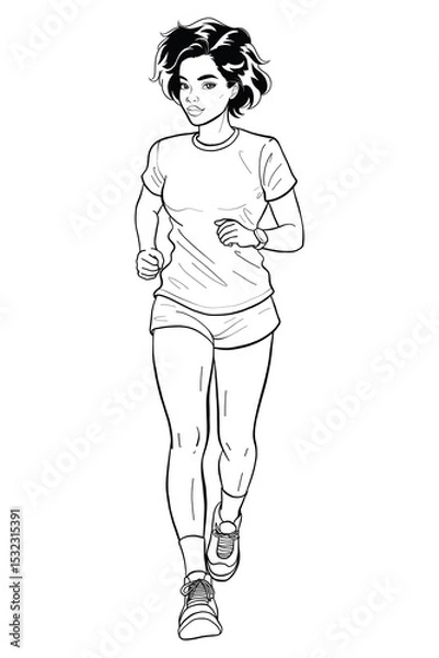Obraz Black and white line art sportswoman jogging. Dressed in casual sportswear, she embodies fitness, healthy lifestyle, and active movement. Ideal for exercise, workout, and running-themed content