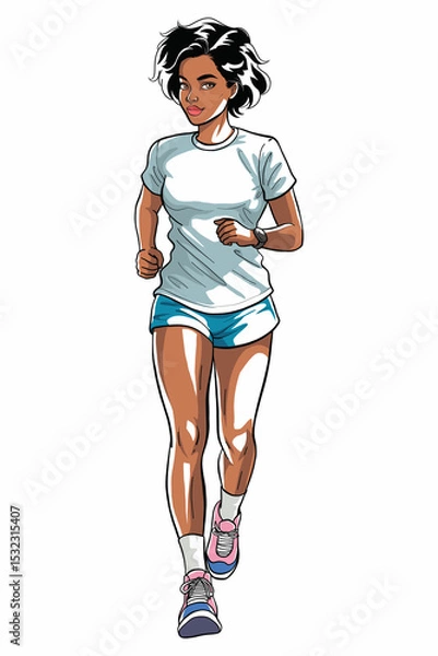 Obraz full-body cartoon sportswoman jogging. Dressed in casual sportswear, embodies fitness, healthy lifestyle, and active movement. Ideal for exercise, workout, and running-themed content