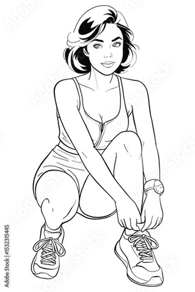 Obraz Sportswoman in casual sportswear is captured in a dynamic illustration, tying her shoelaces. This black and white line art embodies fitness, healthy lifestyle, and readiness for workout.