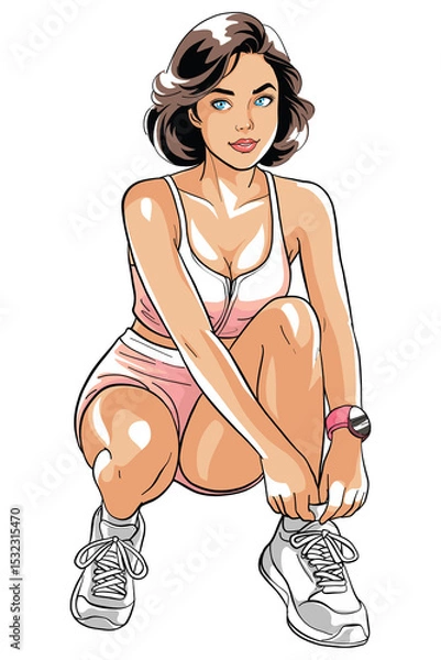 Obraz Sportswoman in pink and white sportswear is captured in a dynamic illustration, tying her shoelaces. This colorful cartoon embodies fitness, healthy lifestyle, and readiness for workout.