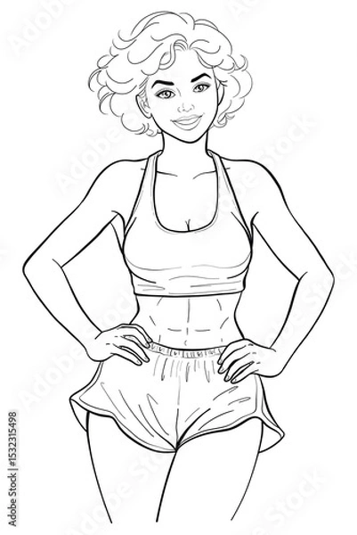 Obraz Confident woman line art illustration, showcasing a strong, healthy body with visible abs. Perfect vector outline drawing for fitness, exercise, and sporty lifestyle content. Ideal for health, workout