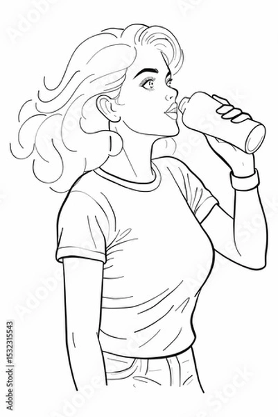 Obraz line art sketch features a young woman drinking water from a bottle. Ideal as a coloring page, this outline drawing promotes wellness and self-care.