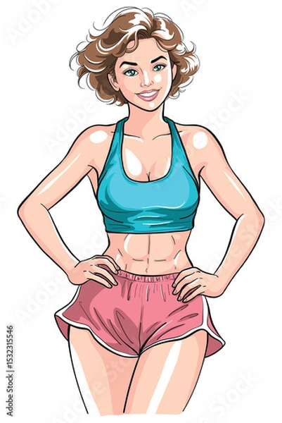 Obraz A vibrant cartoon illustration of a fit woman in a blue sports bra and pink shorts, showcasing toned abs. She smiles confidently, embodying an active and healthy lifestyle.