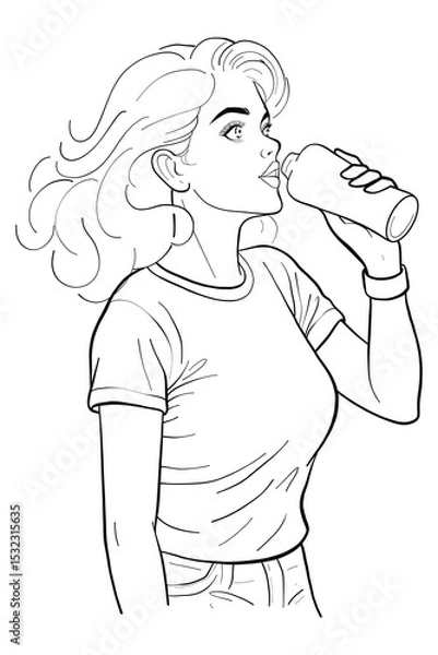 Obraz line art sketch features a young woman drinking water from a bottle. Ideal as a coloring page, this outline drawing promotes wellness and self-care.