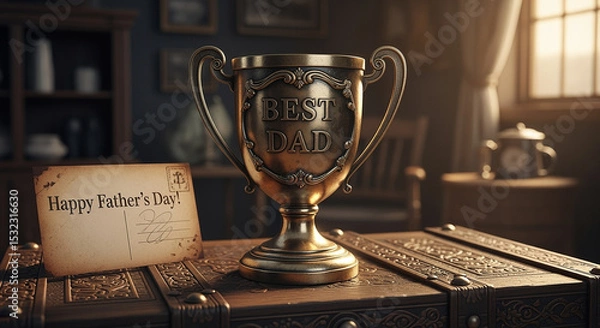 Fototapeta Trophy for Best Dad with Father's Day Card in Cozy Setting