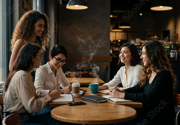 Obraz カフェでミーティングを行う多様なメンバーのチーム

