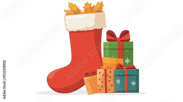 Fototapeta The image is a digital illustration depicting a red Christmas stocking filled with wheat-colored items at the top, positioned next to a stack of wrapped presents. The presents are various shades of