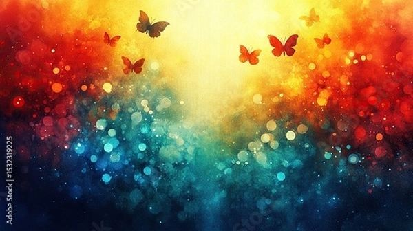 Fototapeta Colorful butterflies ascend, vibrant bokeh background, spiritual, design