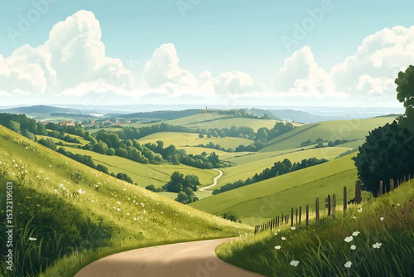Obraz Serene countryside landscape with rolling hills, winding road, and fluffy clouds in the sky