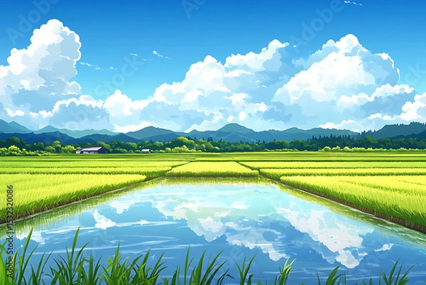 Obraz Lush Green Rice Fields Under a Bright Blue Sky with Fluffy Clouds and Reflections